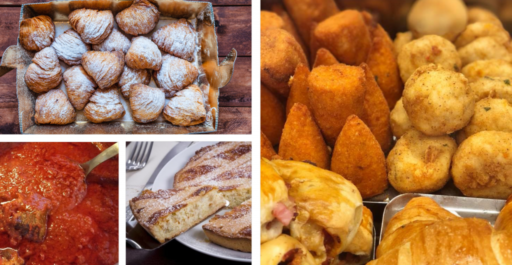 A selection of pastries, roast potatoes, cake and bolaganise sauce